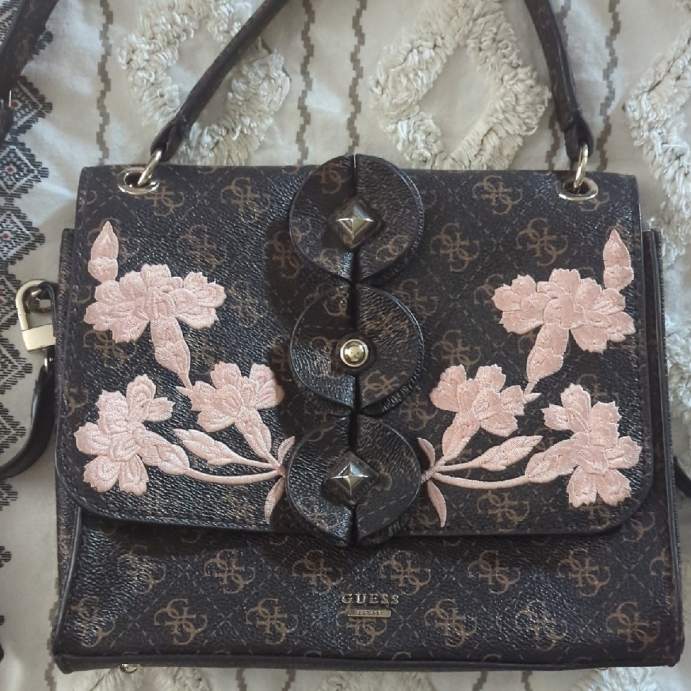 GUESS Brown Satchel with Pink Floral Embroidery